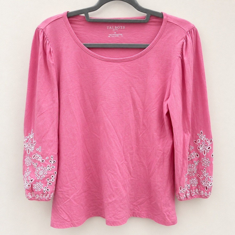 Talbots Womens Medium Petite Top Pink Eyelet Embroidered 3/4 Cotton Cottagecore